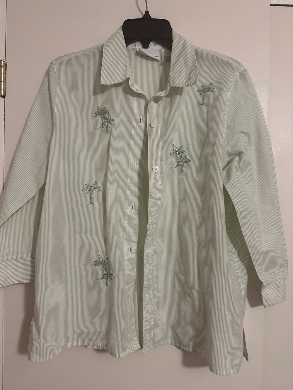 Alfred Dunner Light Green Striped Button-Down with Palm Embroidery